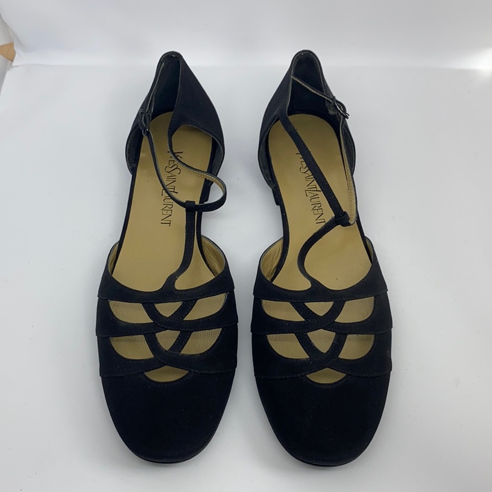 YSL Yves St. Laurent Suede Scallop T-strap Flat